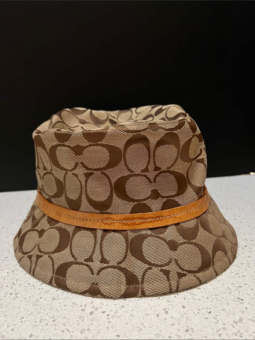 Coach Brown Signature Monogram Bucket Hat with Tan Band